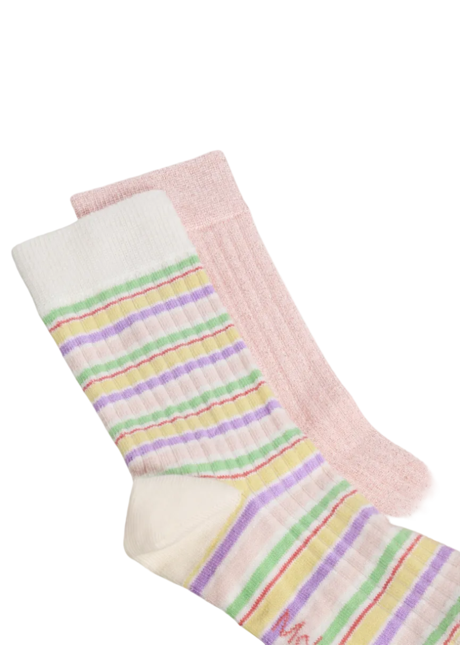 Pair of socks with pastel striped pattern on a white background