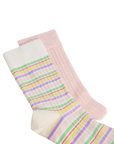Pair of socks with pastel striped pattern on a white background