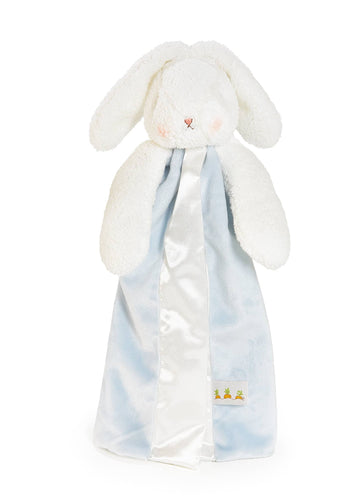 White bunny plush toy with a blue and white striped blanket on a white background
