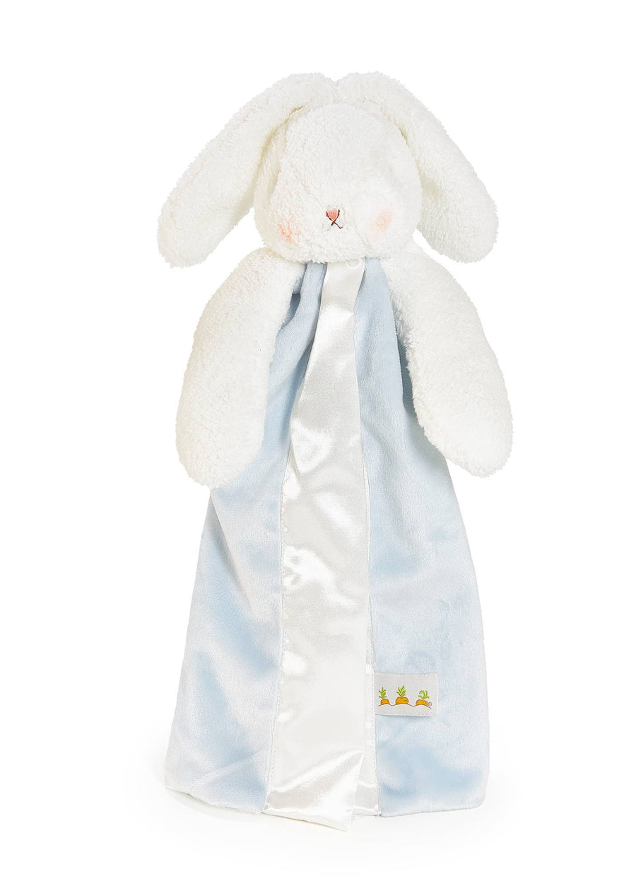 White bunny plush toy with a blue and white striped blanket on a white background