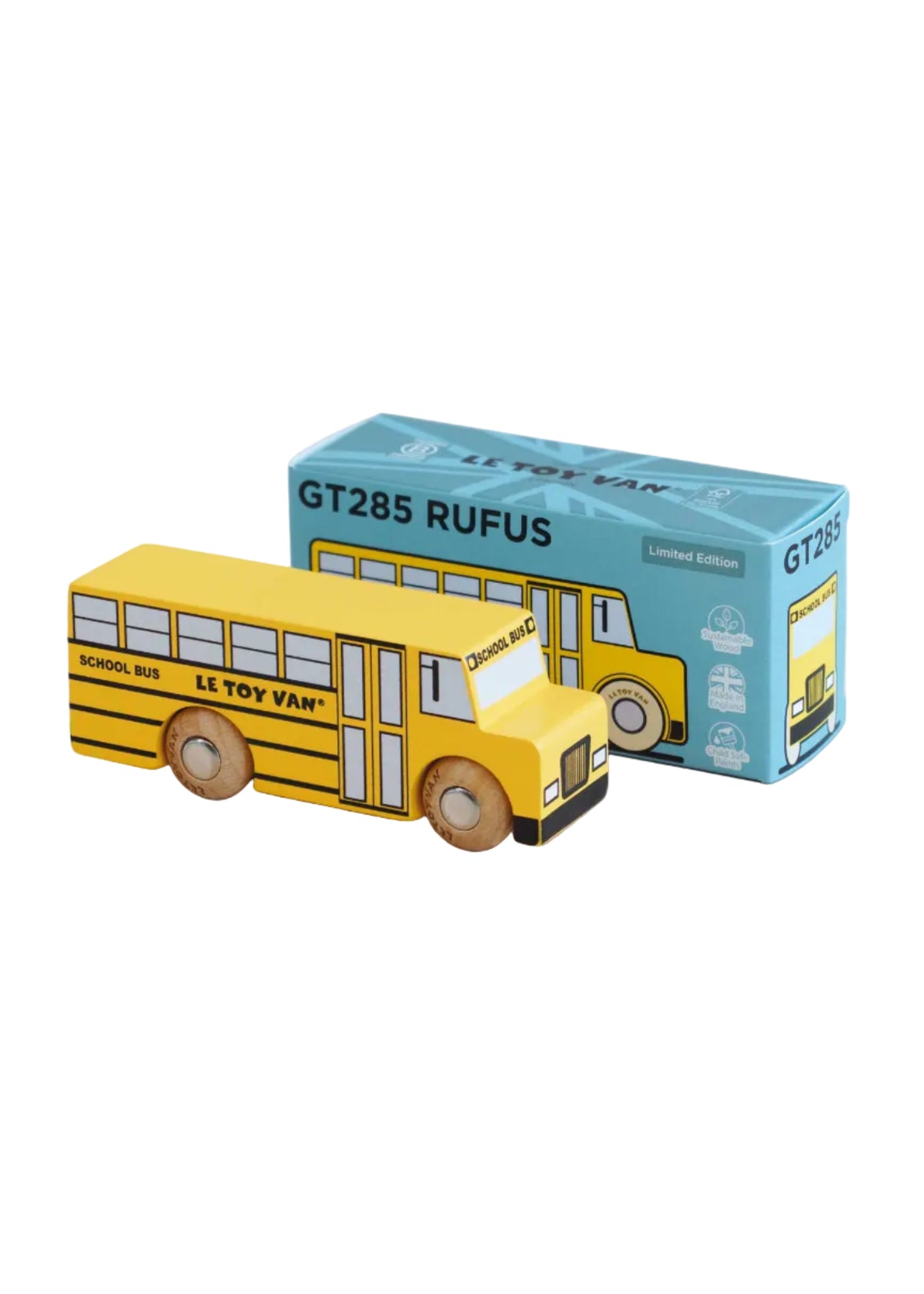 Yellow toy school bus with blue packaging labeled 'GT285 Rufus' on a beige background