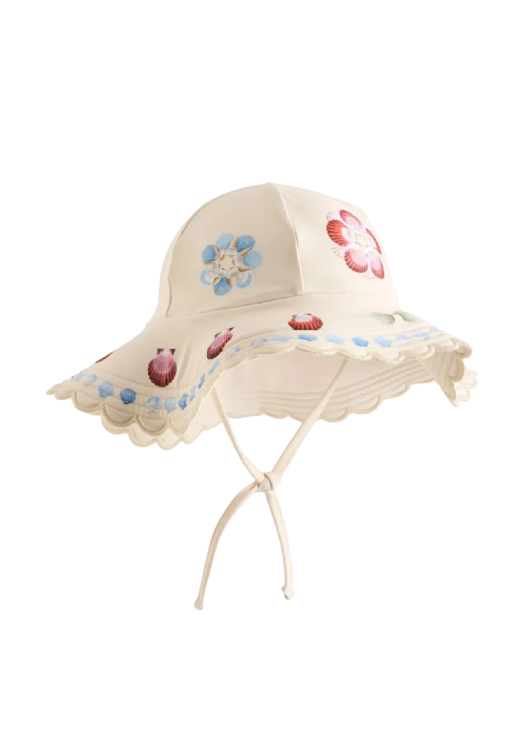 Beige sun hat with floral embellishments on a white background