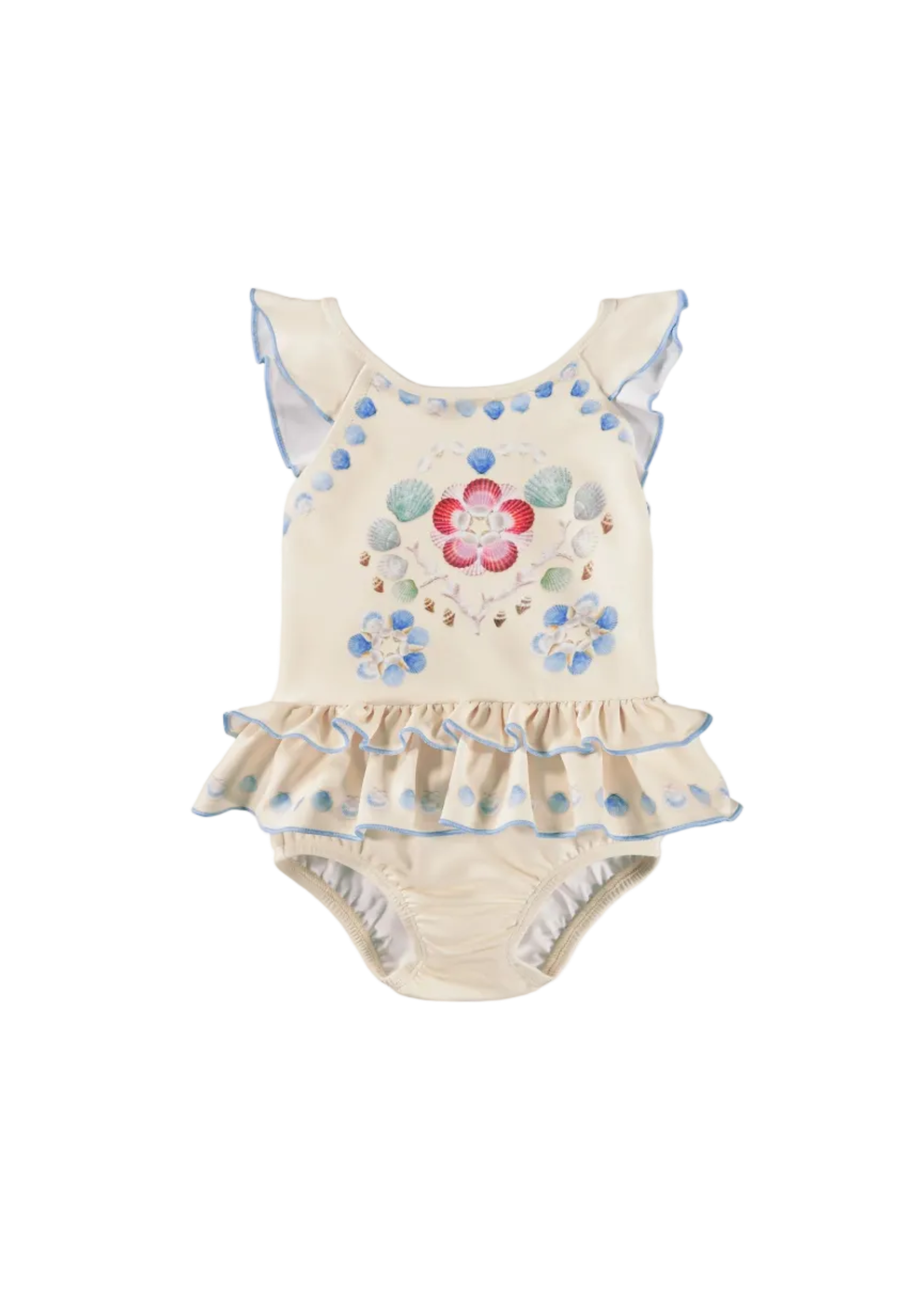 Beige baby swimsuit with floral design on a white background