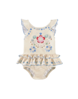 Beige baby swimsuit with floral design on a white background