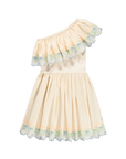 Beige one-shoulder dress with floral lace details on a light gray background
