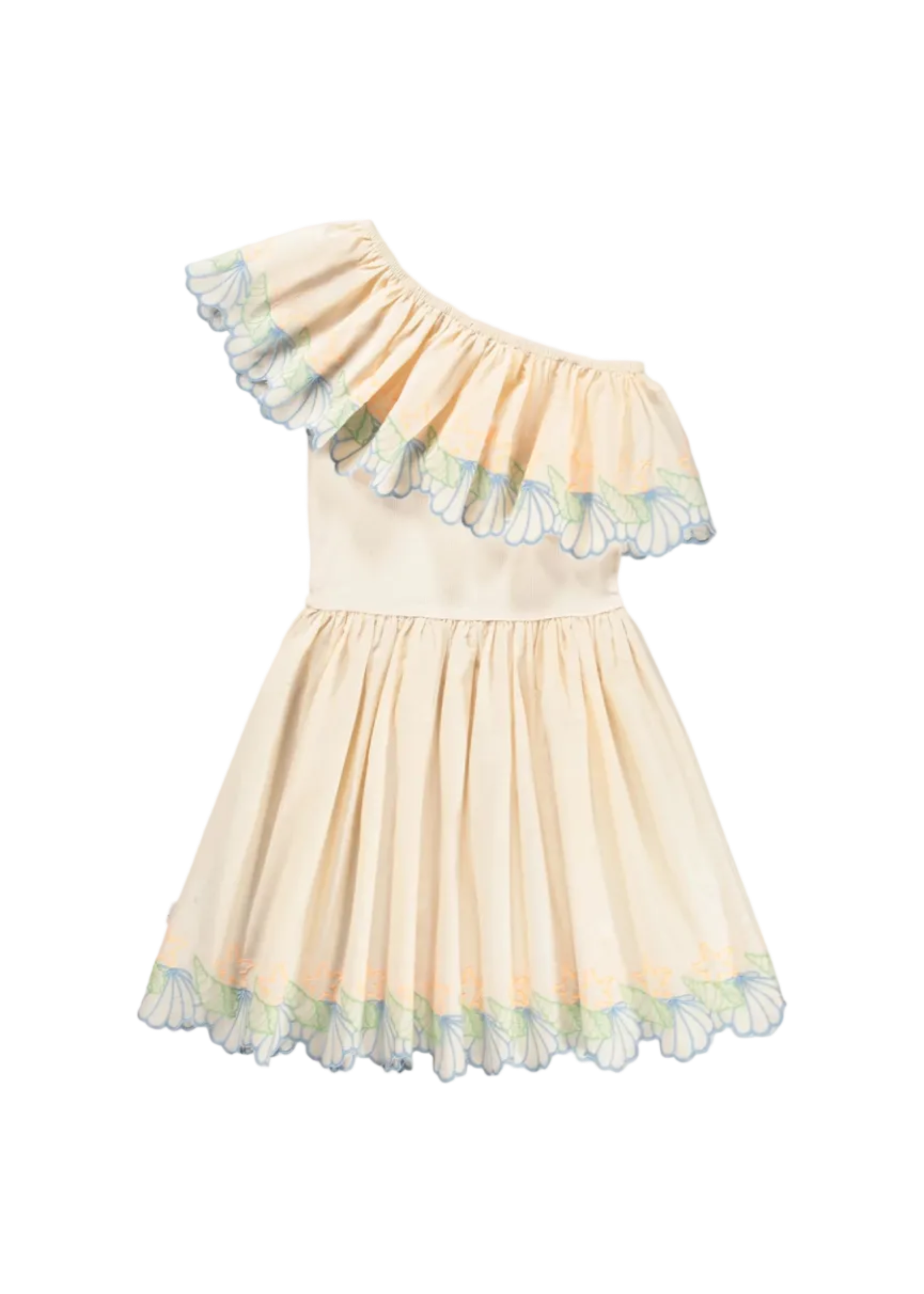 Beige off-shoulder dress with floral details on a light gray background