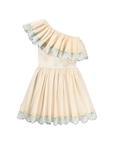Beige off-shoulder dress with floral details on a light gray background