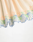 Close-up of a decorative lace trim with floral patterns on a plain background