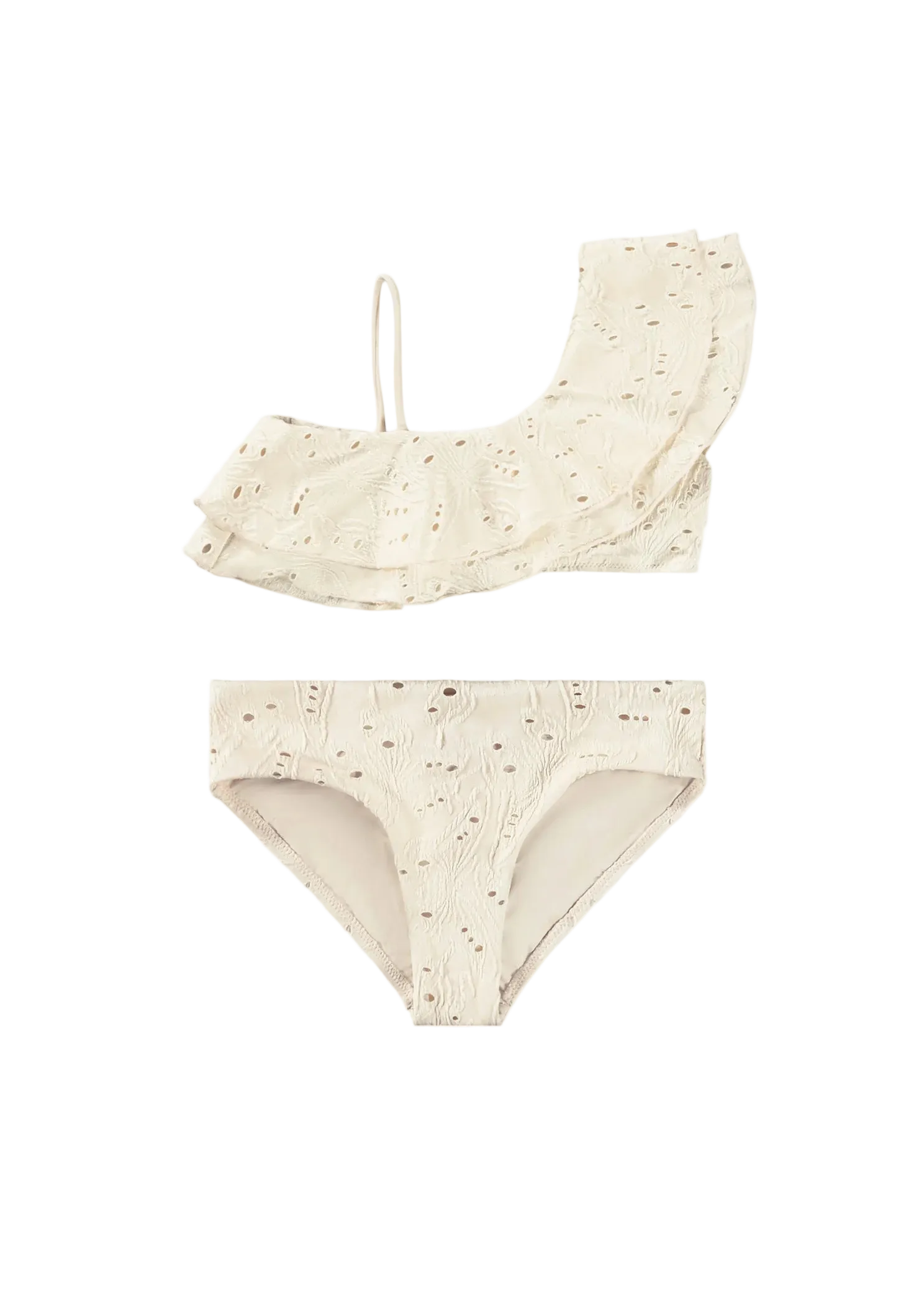 Beige bikini set with floral pattern on a white background