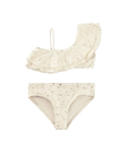 Beige bikini set with floral pattern on a white background