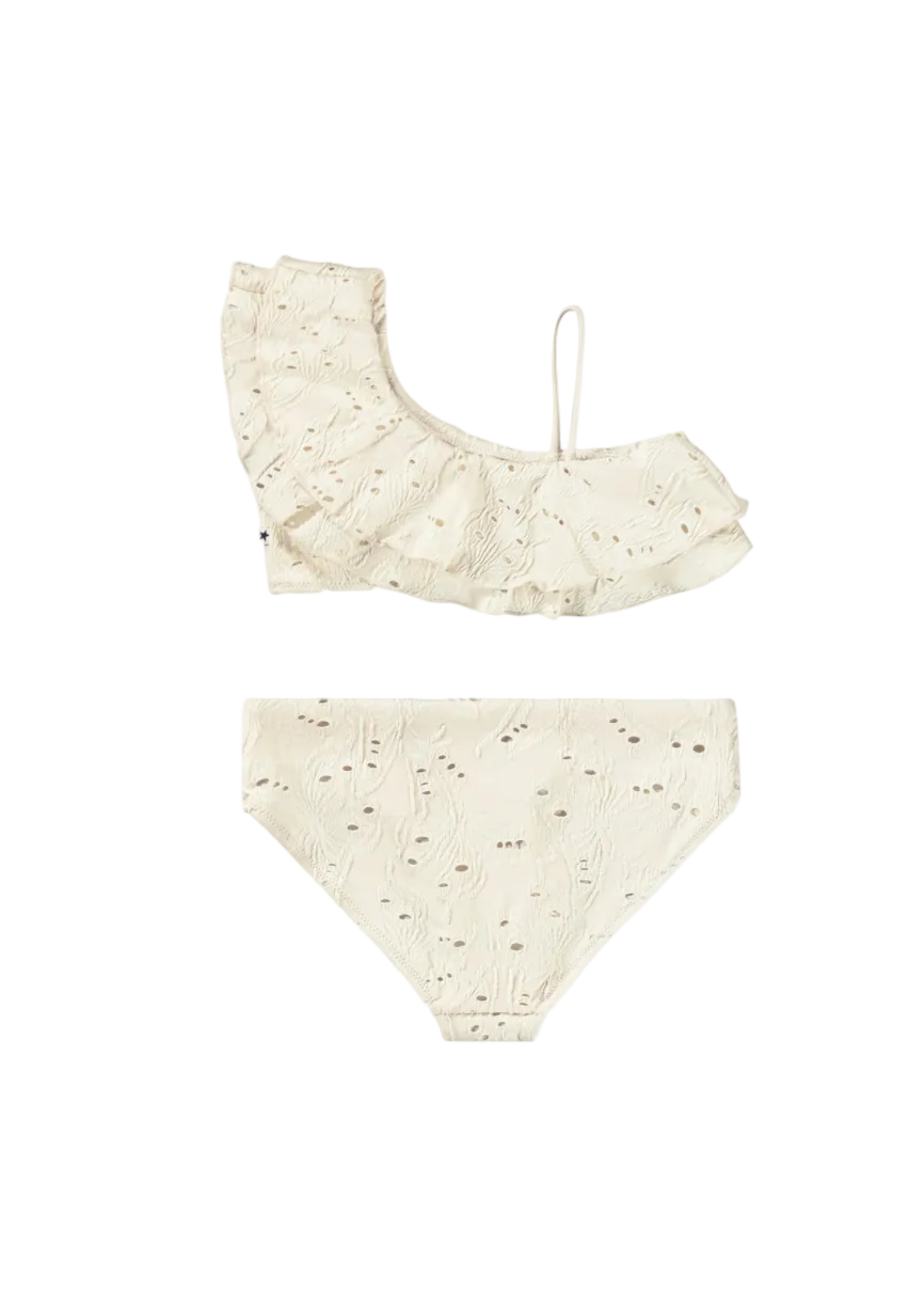 Two-piece swimsuit with ruffled top and matching bottoms on a white background
