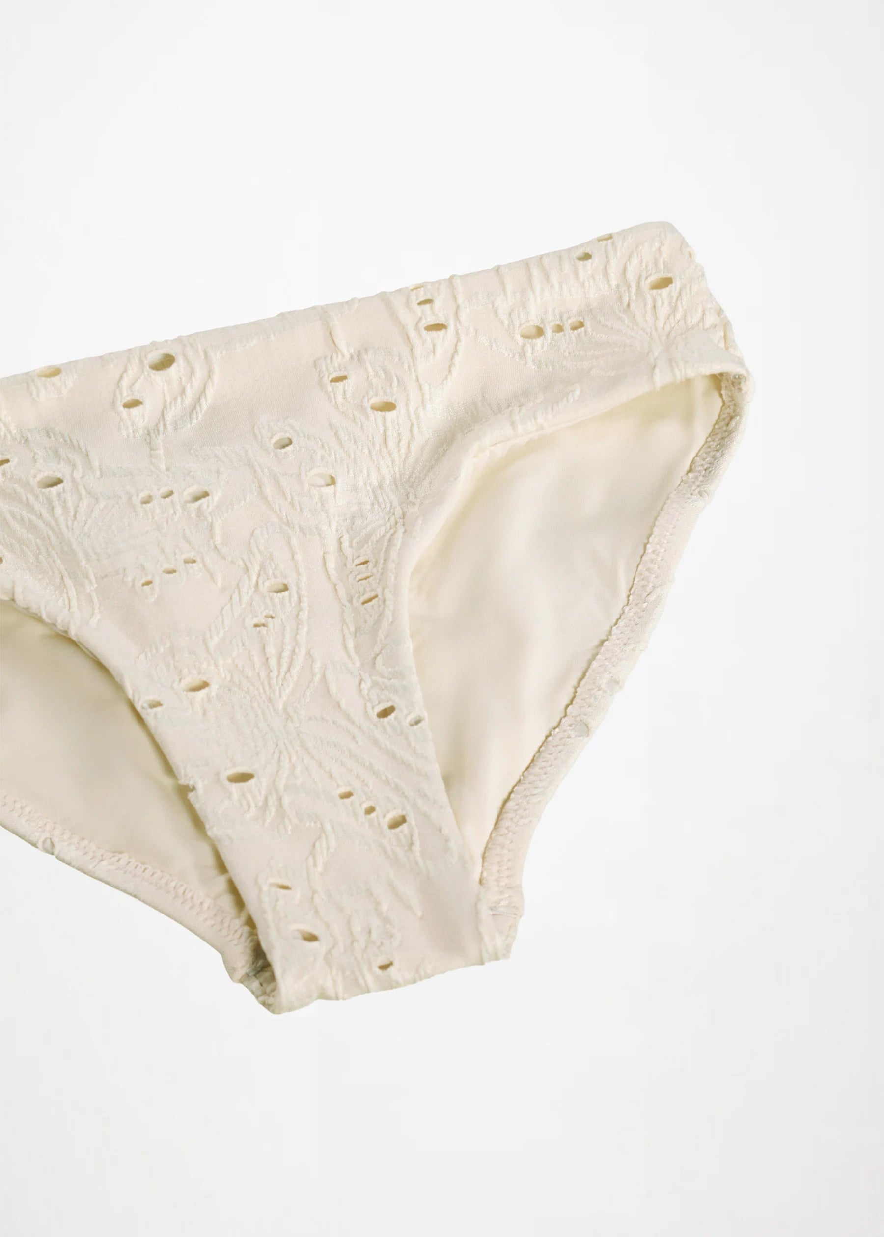 Beige women's underwear with floral lace details on a white background