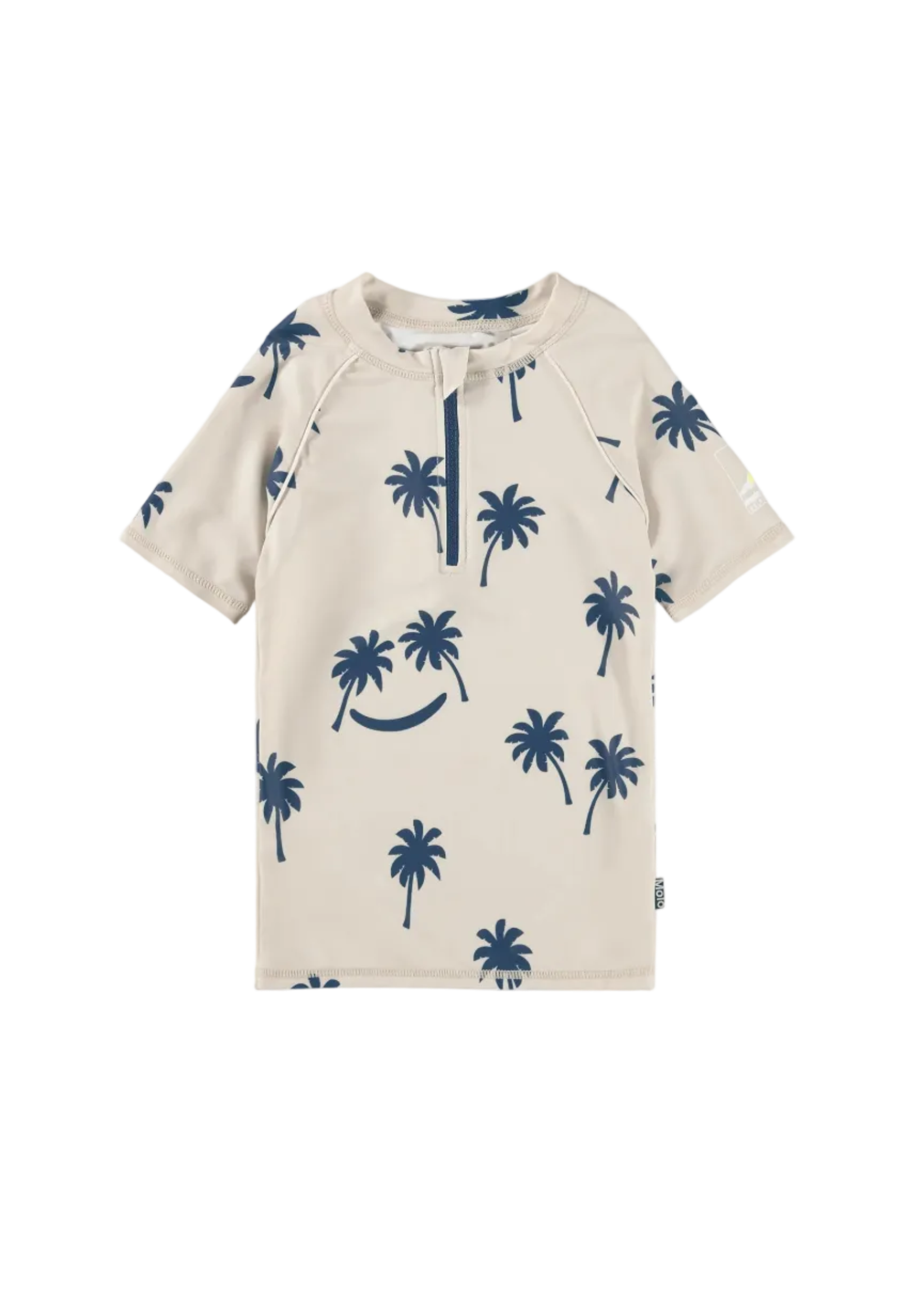 Beige shirt with blue palm tree and smiley face patterns on a white background