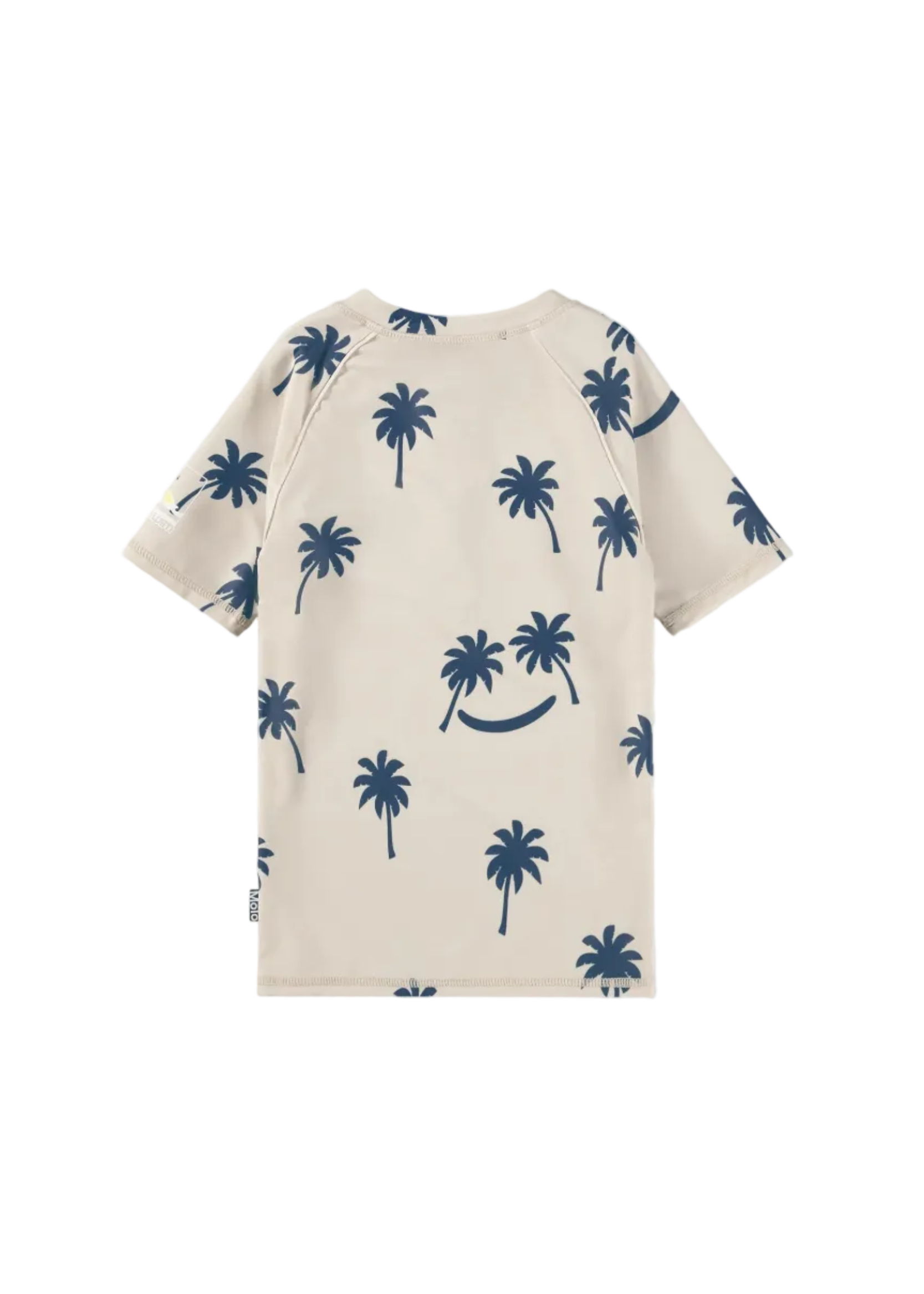 Beige t-shirt with blue palm tree pattern on a white background