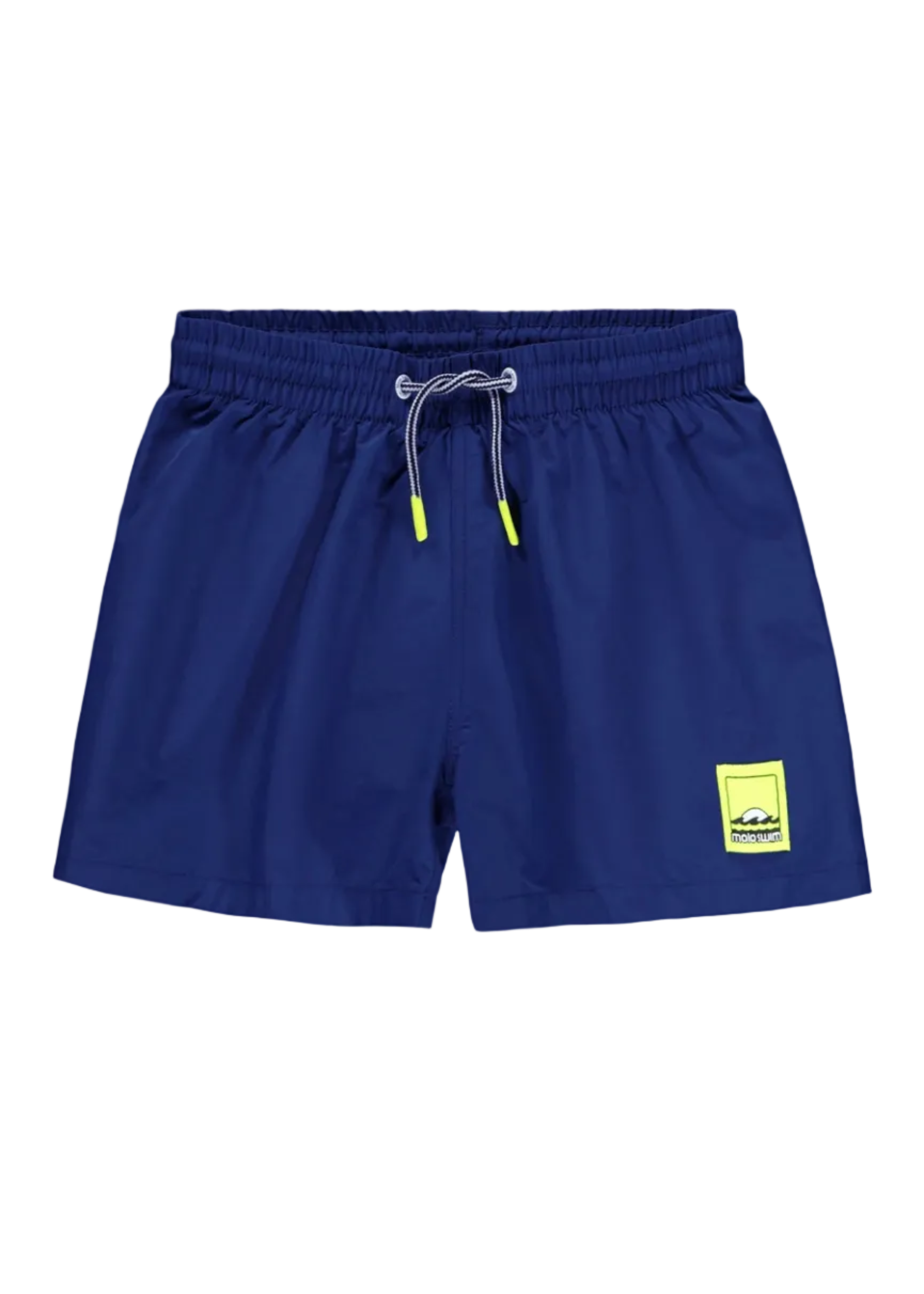Blue swim shorts with a yellow label on a light gray background