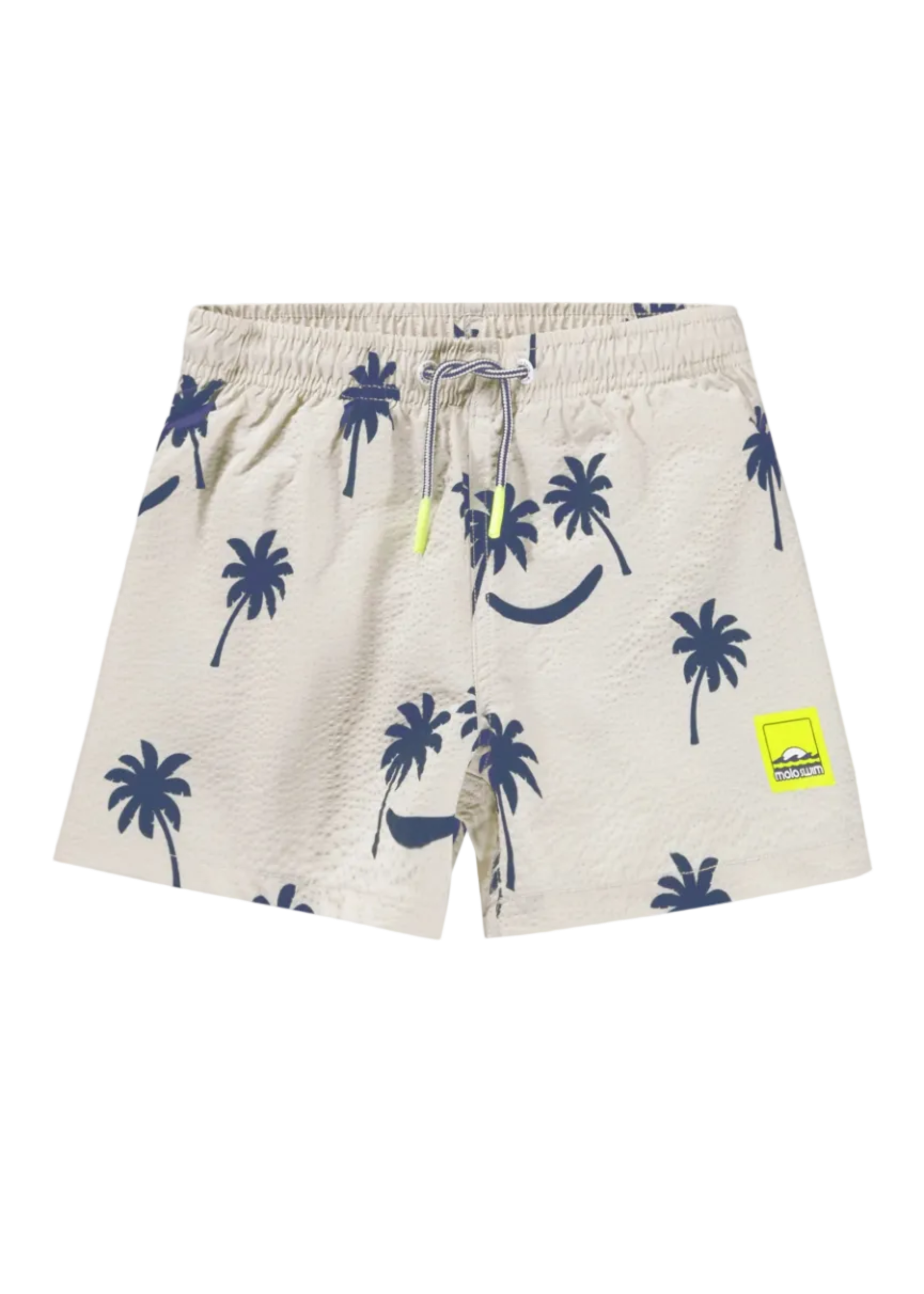 Beige shorts with palm tree pattern on a white background