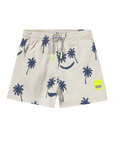 Beige shorts with palm tree pattern on a white background