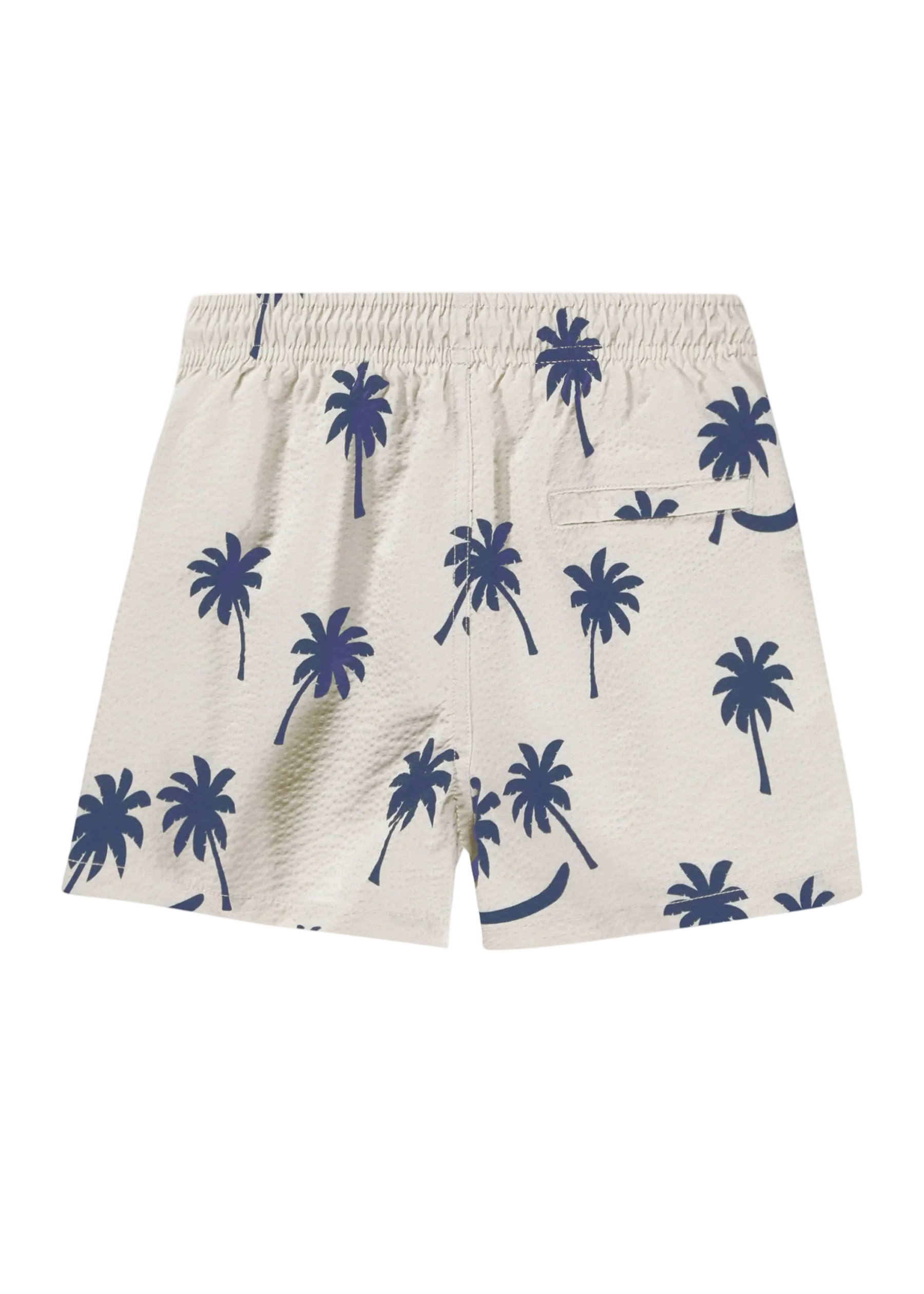 Beige shorts with blue palm tree pattern on a white background
