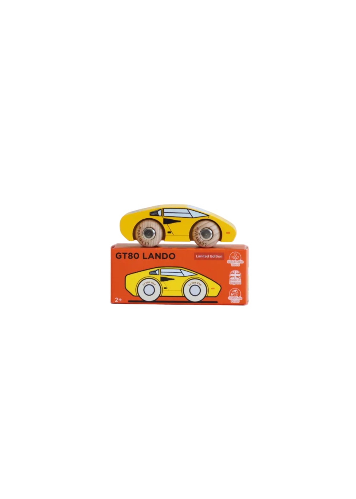 Wooden toy car model of a sports car on top of its packaging box with 'GT80 Lando' branding.