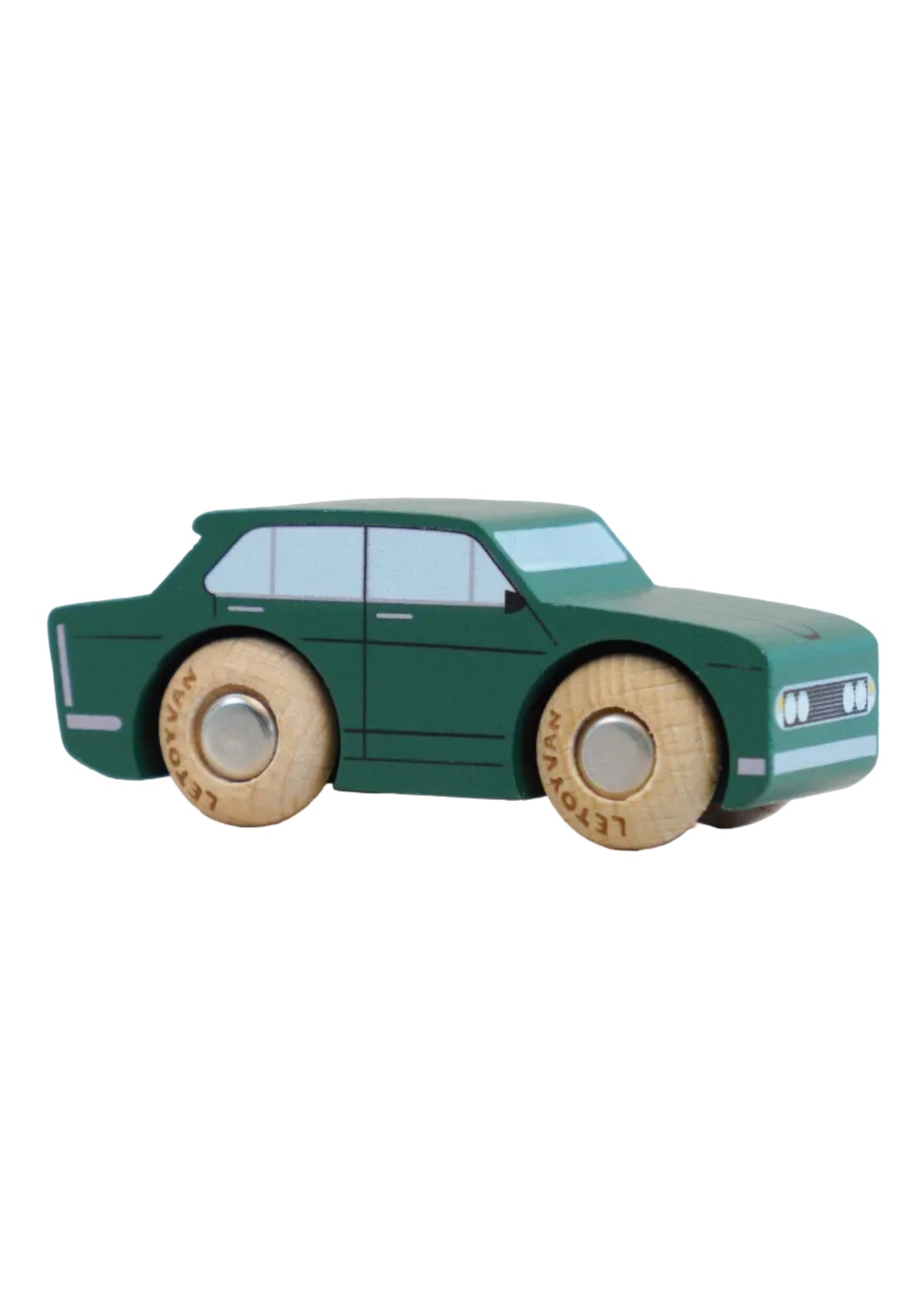Green toy car with wooden wheels on a light gray background