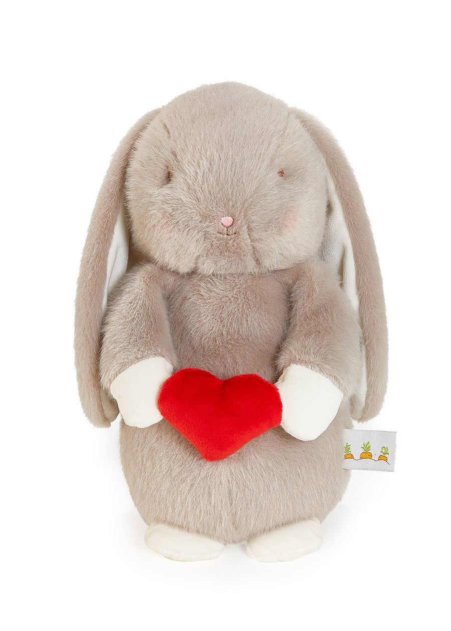 Plush toy rabbit holding a red heart on a white background