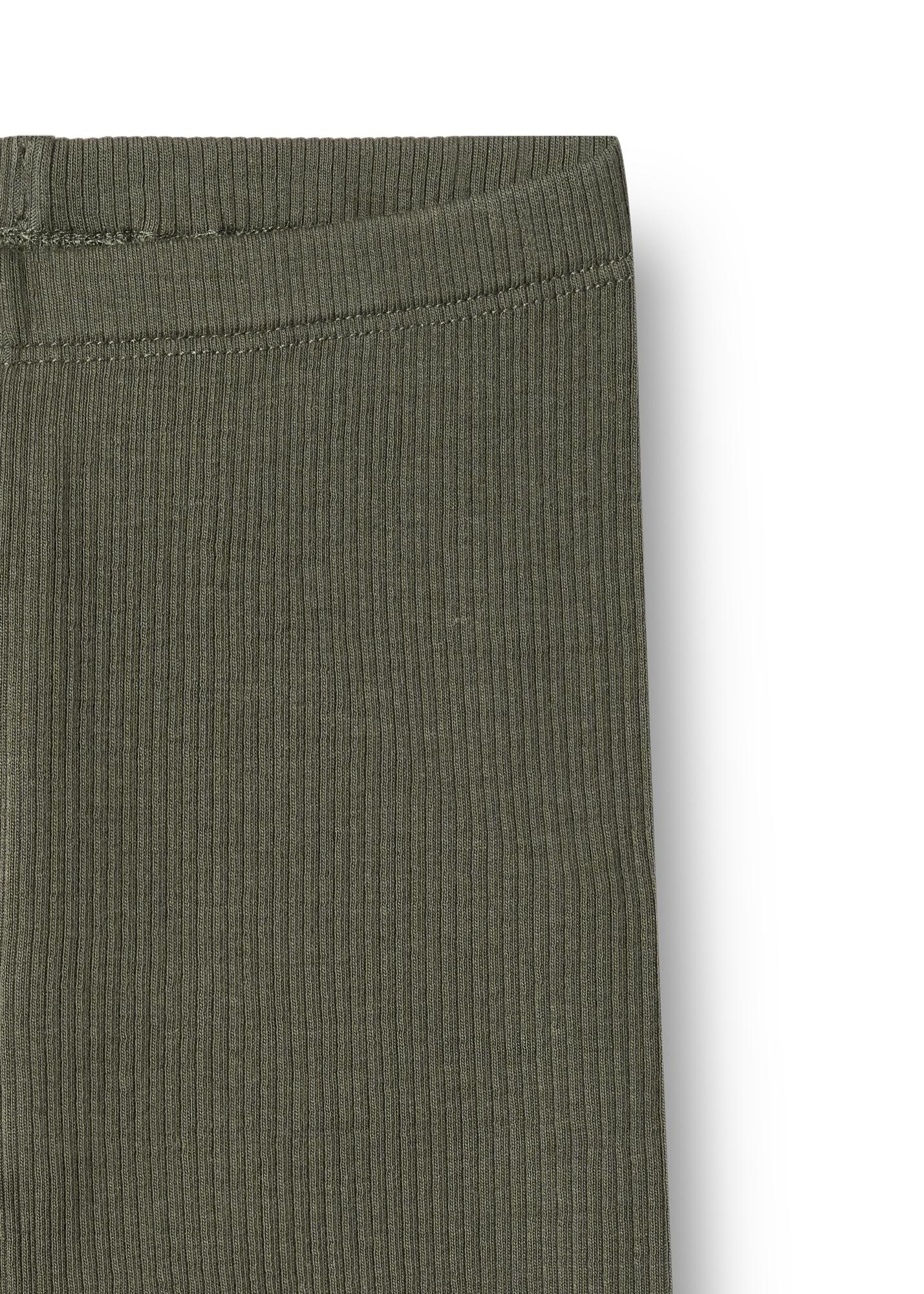 Close-up of green ribbed pants on a white background