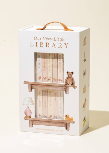 Box packaging for 'Our Very Little Library' with illustrations of books and a teddy bear.