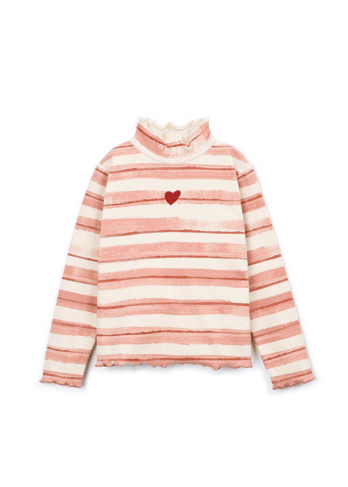A long-sleeve mock neck top with horizontal stripes in dusty pink and cream, featuring a small red heart on the chest and a frayed hem.