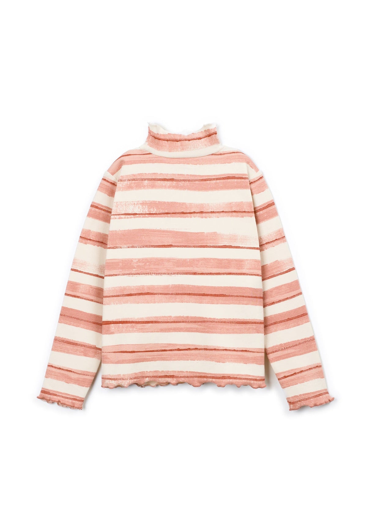 A long-sleeve turtleneck sweater with horizontal stripes in dusty pink and cream, featuring a scalloped edge on the collar, cuffs, and hem, displayed against a solid white background.