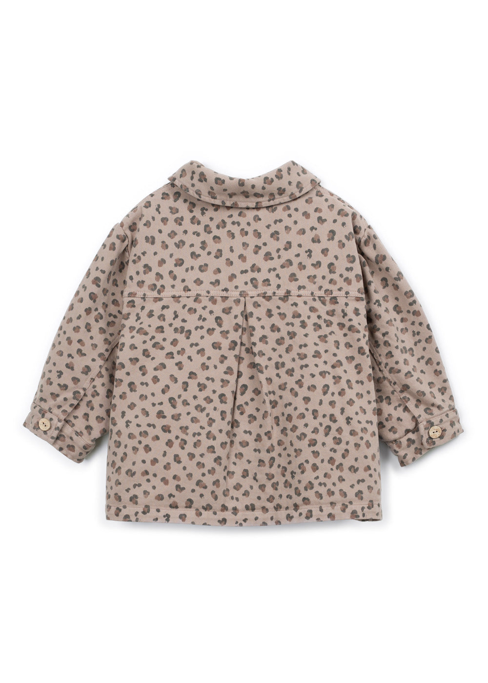 A beige children's jacket with a brown leopard print pattern, shown from the back on a white background.