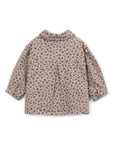 A beige children's jacket with a brown leopard print pattern, shown from the back on a white background.