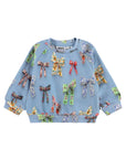 A light blue long-sleeve sweatshirt for children, featuring an all-over print of colorful bow and ribbon motifs in various patterns, shown flat against a white background.