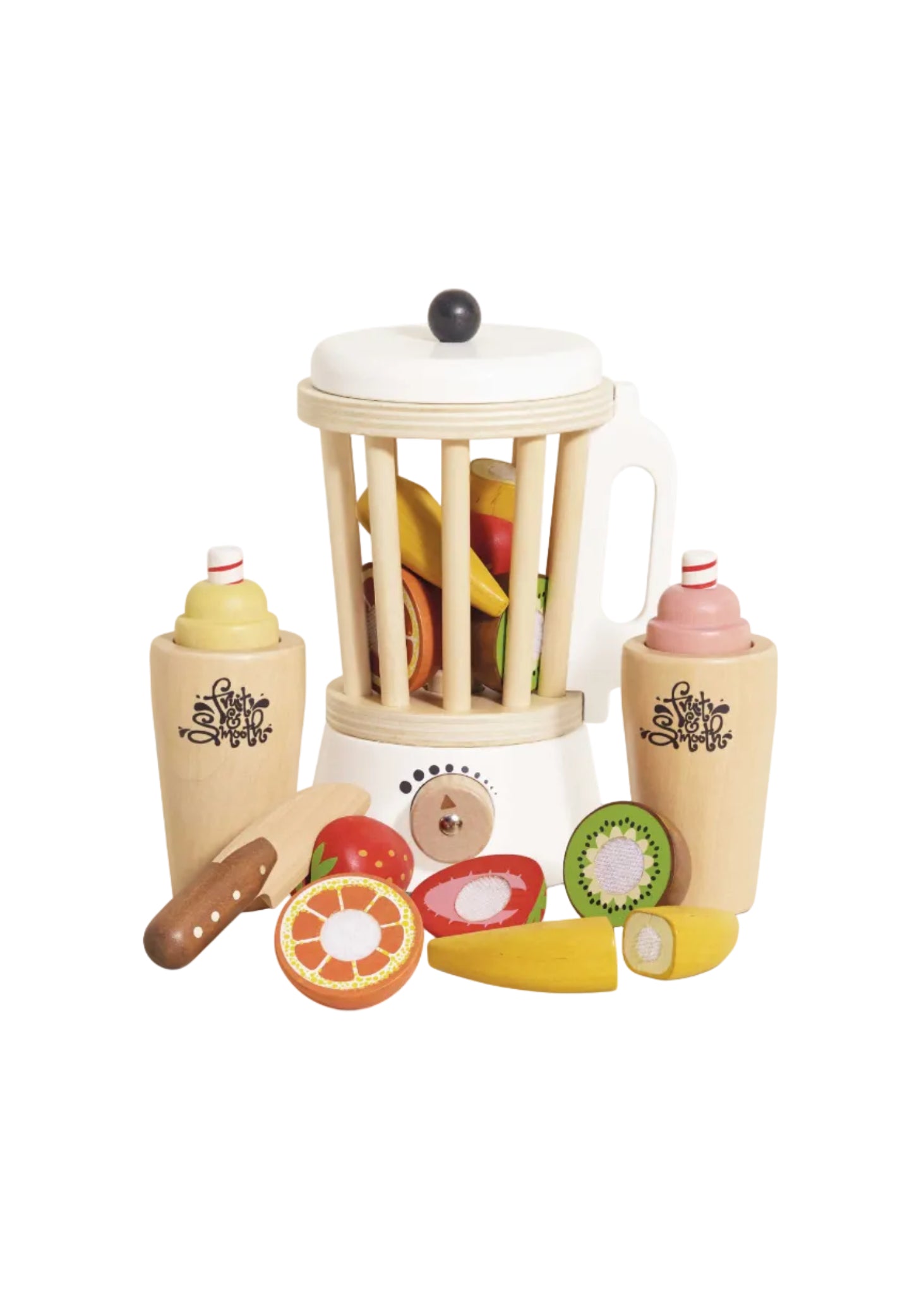 Wooden toy fruit set with a juicer on a white background