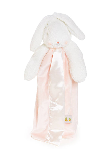 Bunny-shaped plush toy with a pink blanket on a white background