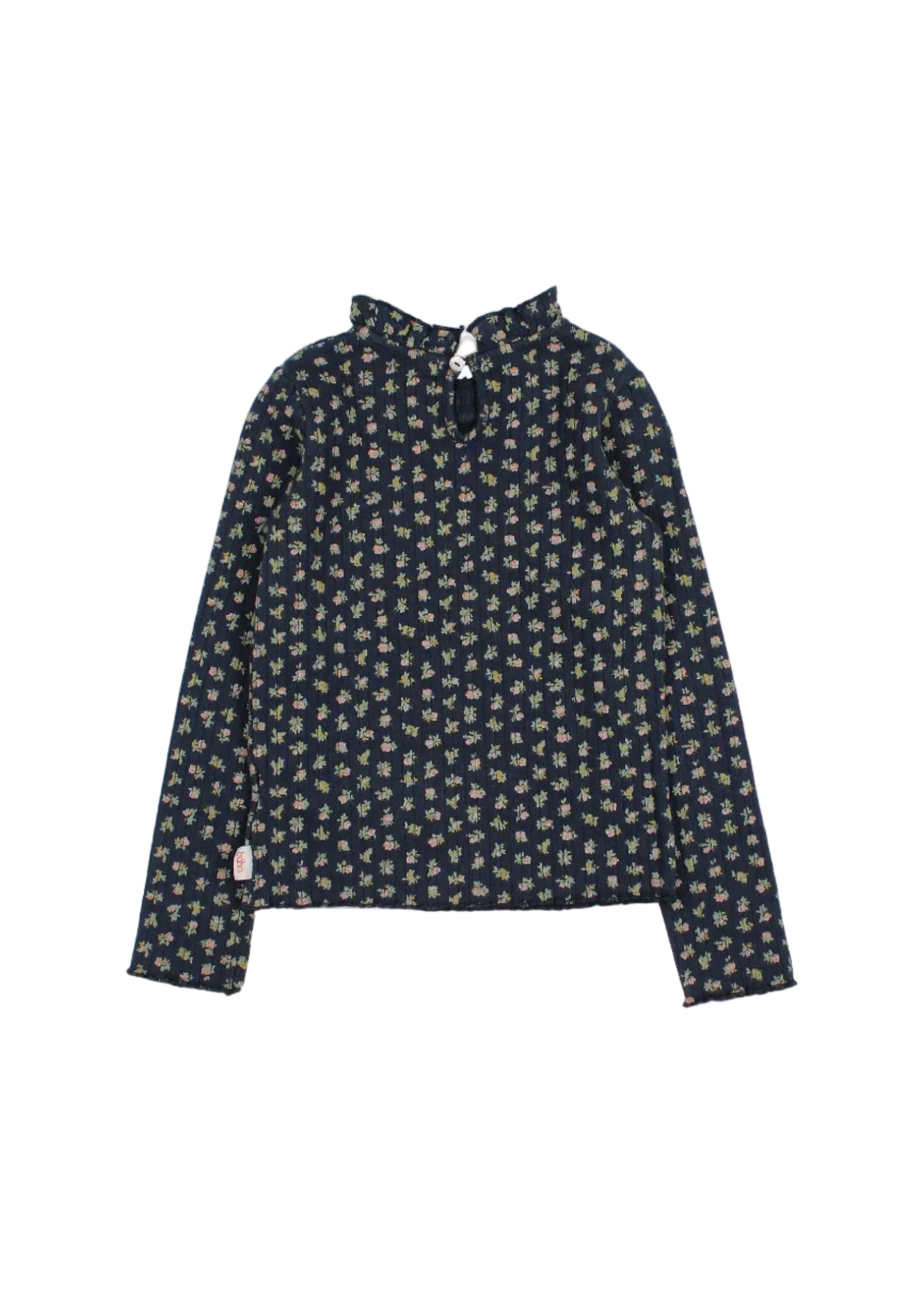 A long-sleeve blouse with a high mock neck and a dense small floral print on a dark navy background, shown flat against a white background.