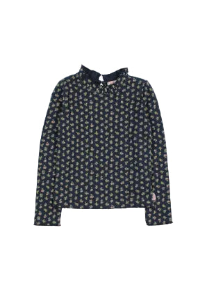 A long-sleeve button-up shirt with a high collar, featuring an all-over small floral print in muted yellow and green on a dark navy base, shown flat against a white background.