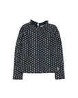 A long-sleeve button-up shirt with a high collar, featuring an all-over small floral print in muted yellow and green on a dark navy base, shown flat against a white background.