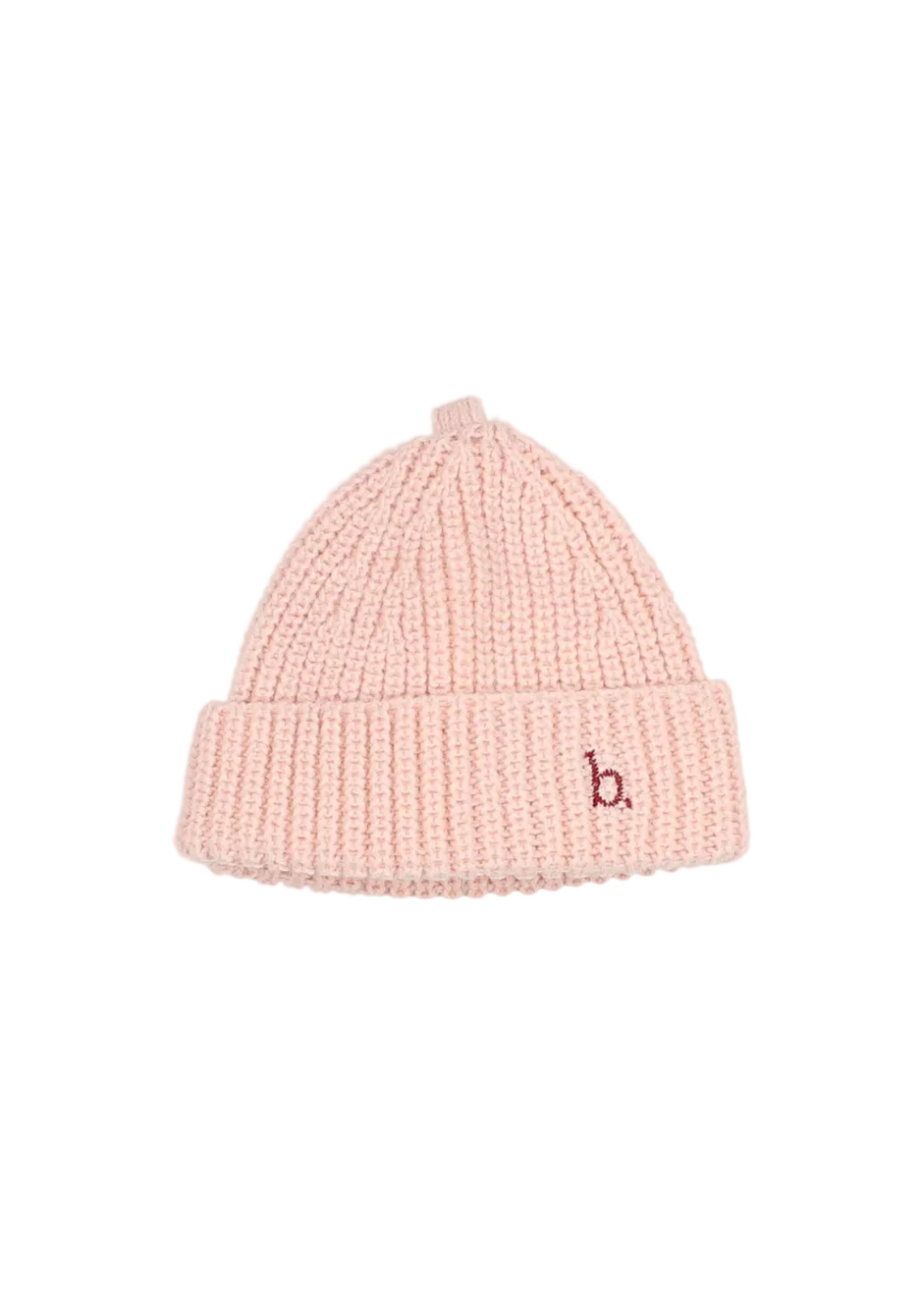 A light pink ribbed knit beanie hat with a small embroidered burgundy letter 'b' logo on the front cuff, shown against a plain light gray background.