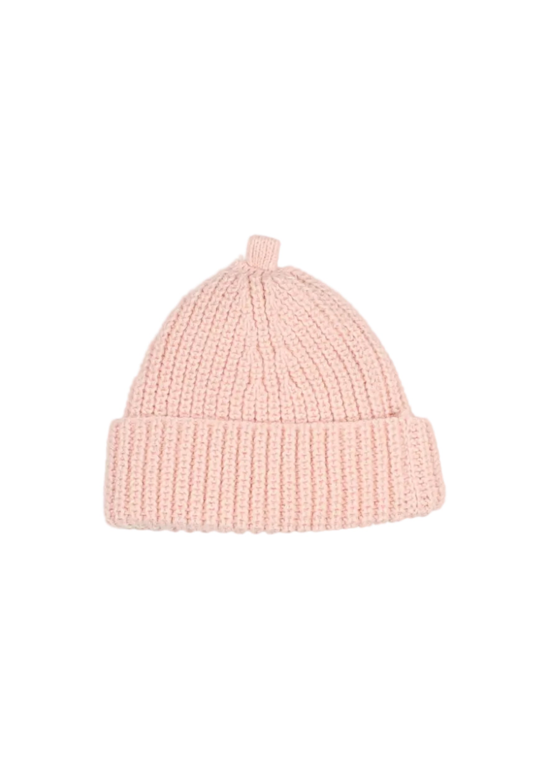 A light pink ribbed knit beanie hat with a small top loop, shown against a plain white background.