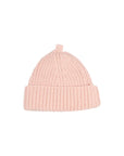 A light pink ribbed knit beanie hat with a small top loop, shown against a plain white background.