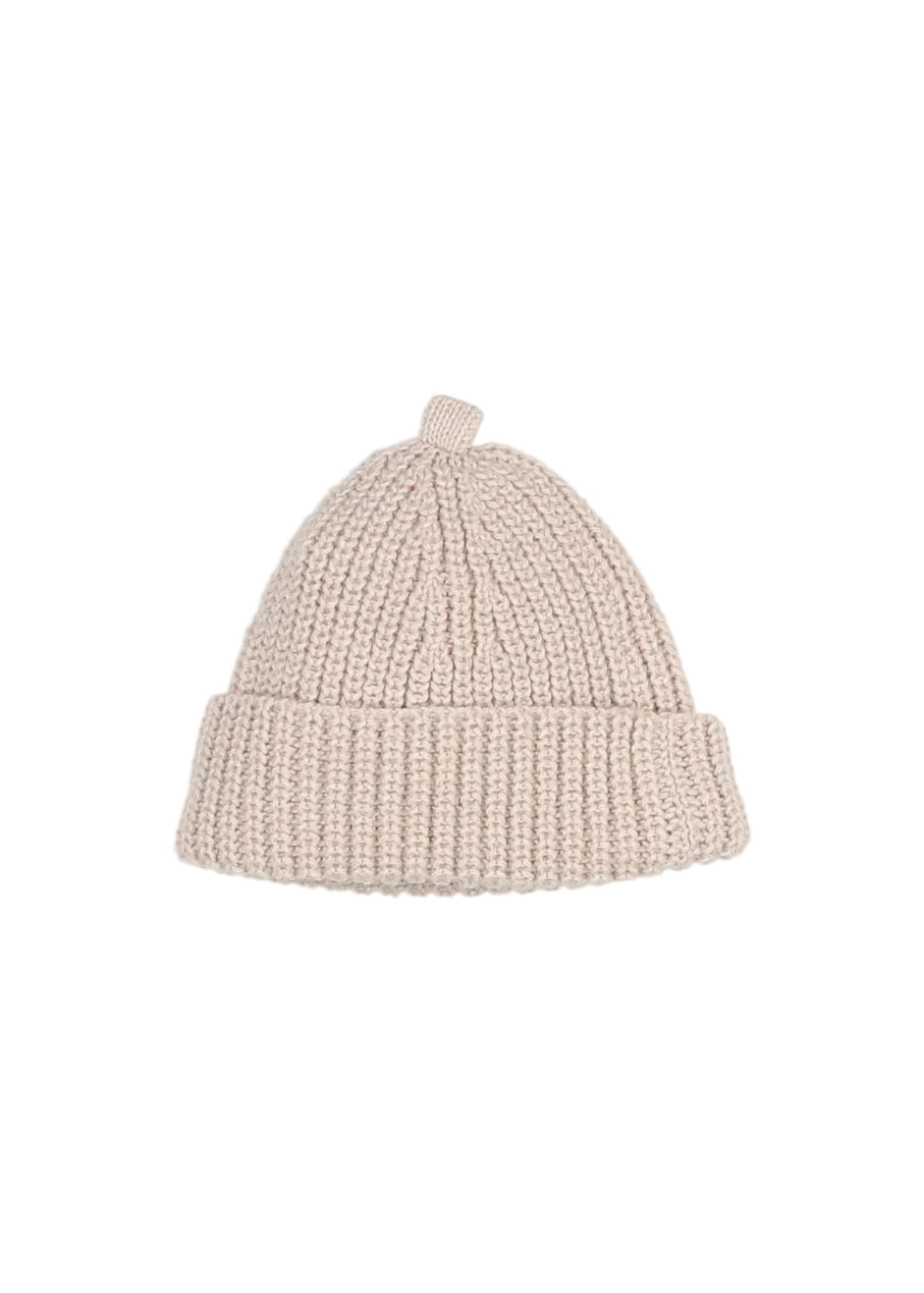 A light beige ribbed knit beanie hat with a small matching knit pom-pom on top, shown against a plain white background.