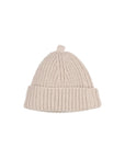 A light beige ribbed knit beanie hat with a small matching knit pom-pom on top, shown against a plain white background.