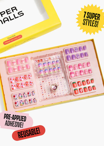 Nail art kit with various designs and pre-applied adhesive, featuring 'Super Malls' branding.