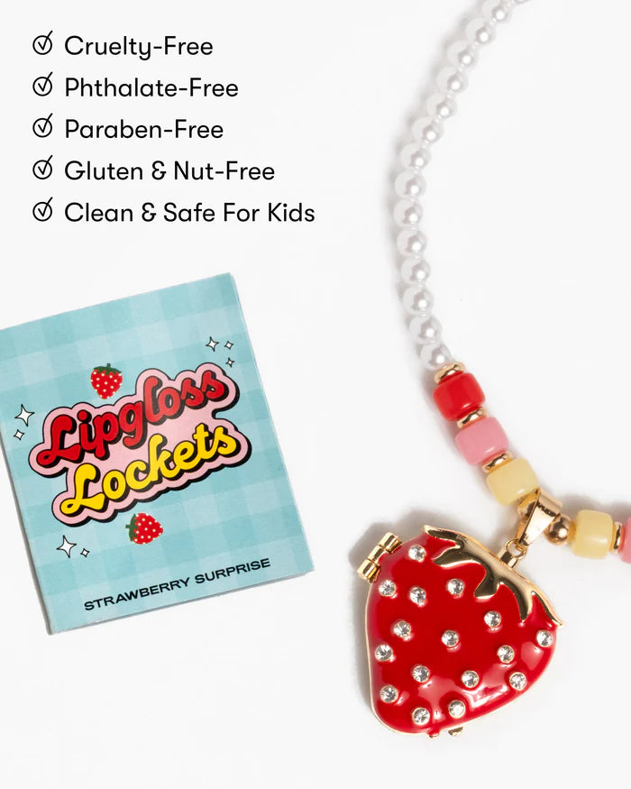 Strawberry-themed necklace with 'Lipgloss Lockets' packaging on a white background