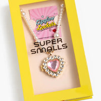 Necklace with heart pendant in a 'Super Smalls' box, featuring Lippy Locks branding.