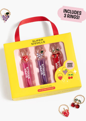 Super Smalls lip gloss set with three lip glosses and three rings in a yellow box on a white background.