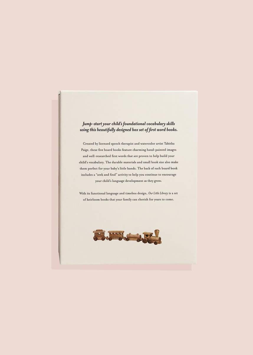 Letter on a pink background with a toy train at the bottom