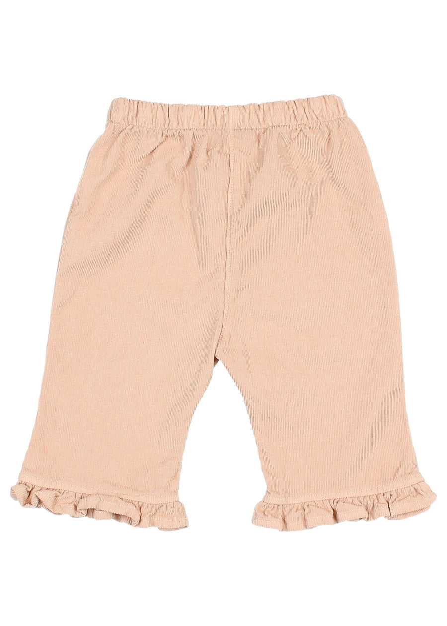 Pink baby pants with ruffled details on a white background