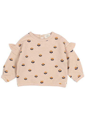 Beige sweater with floral pattern and ruffled sleeves on a white background