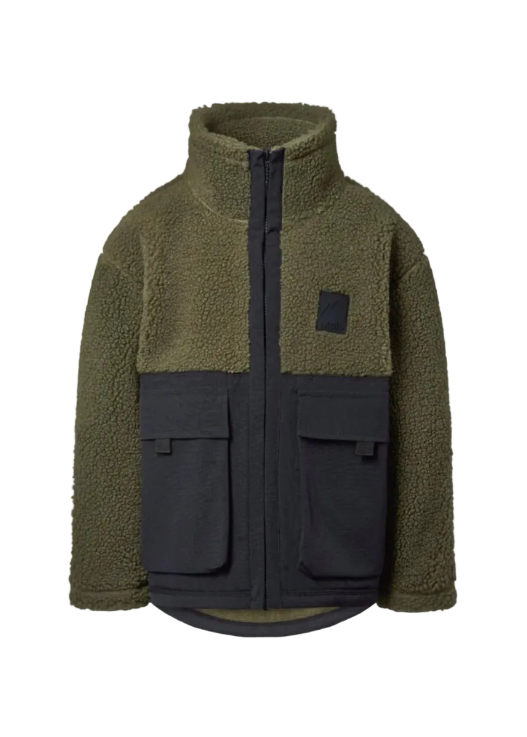 A colorblock fleece jacket with an olive green sherpa upper body and sleeves, a dark charcoal gray zippered front panel, and two large front flap pockets.